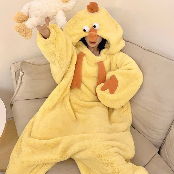 Funny Cartoon Chick Plush Hooded Jumpsuit Pajamas