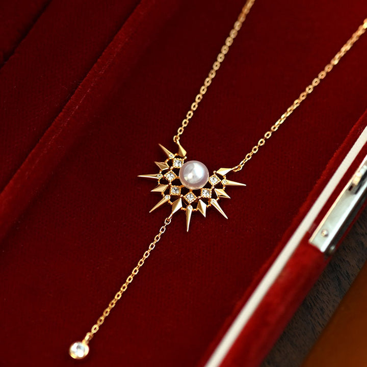 French Retro Sun Silver Pearl Necklace