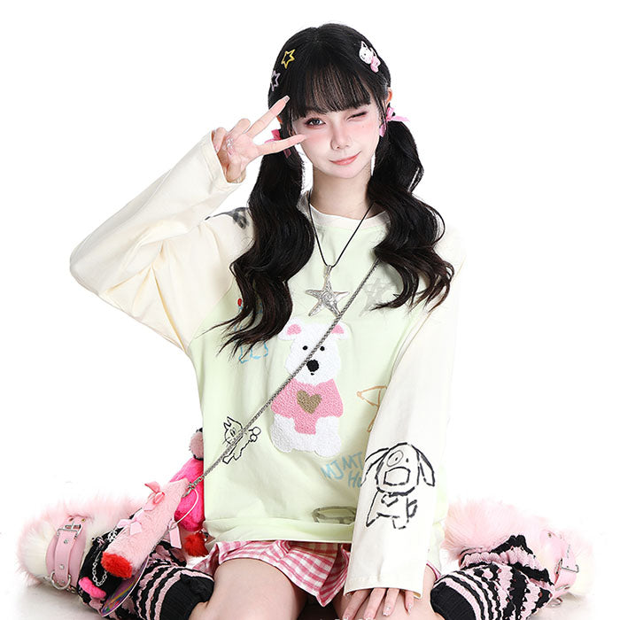 Cartoon Bear Print Long Sleeve Round Collar Hoodie