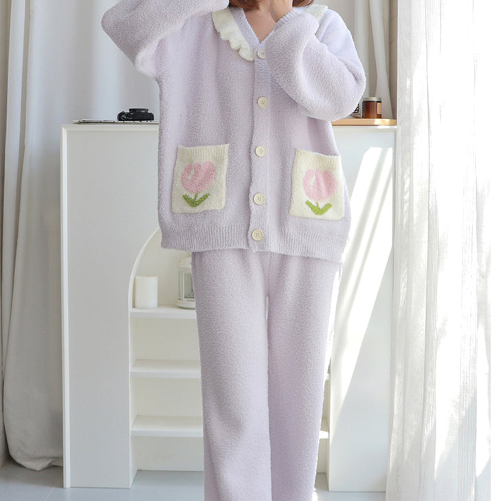 Tulip Pattern Pocket Button-up Lapel Winter Pajama Set