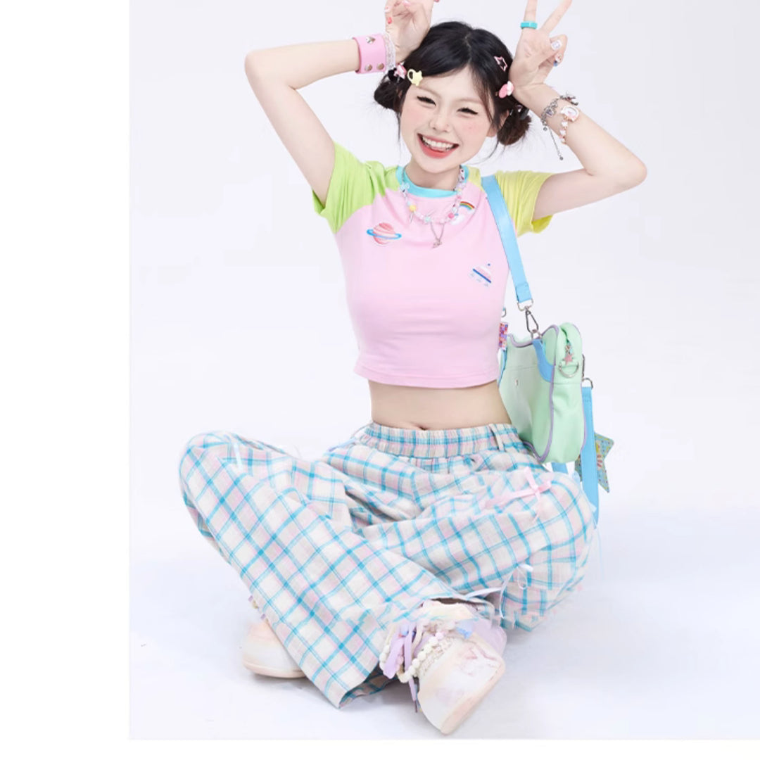 Summertime Chic Butterfly Bow Plaid Straight-Leg Pants