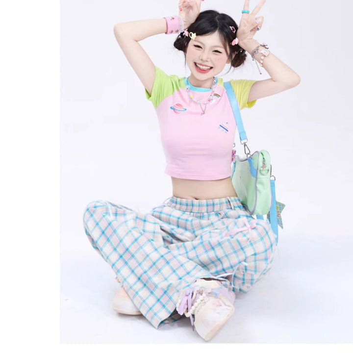 Summertime Chic Butterfly Bow Plaid Straight-Leg Pants