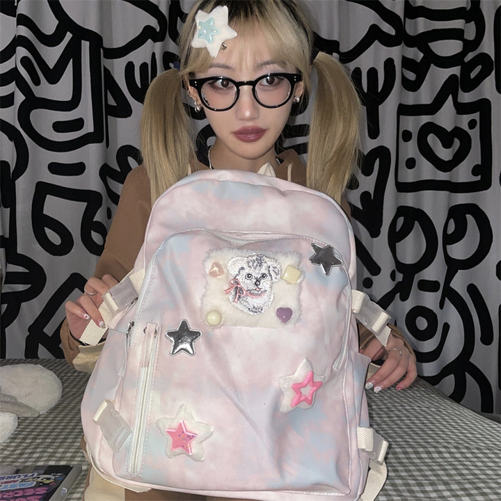 Stars Embroidery Pink Tie-dye Backpack