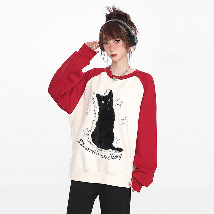 Kitty Print Round Collar Oversize Hoodie