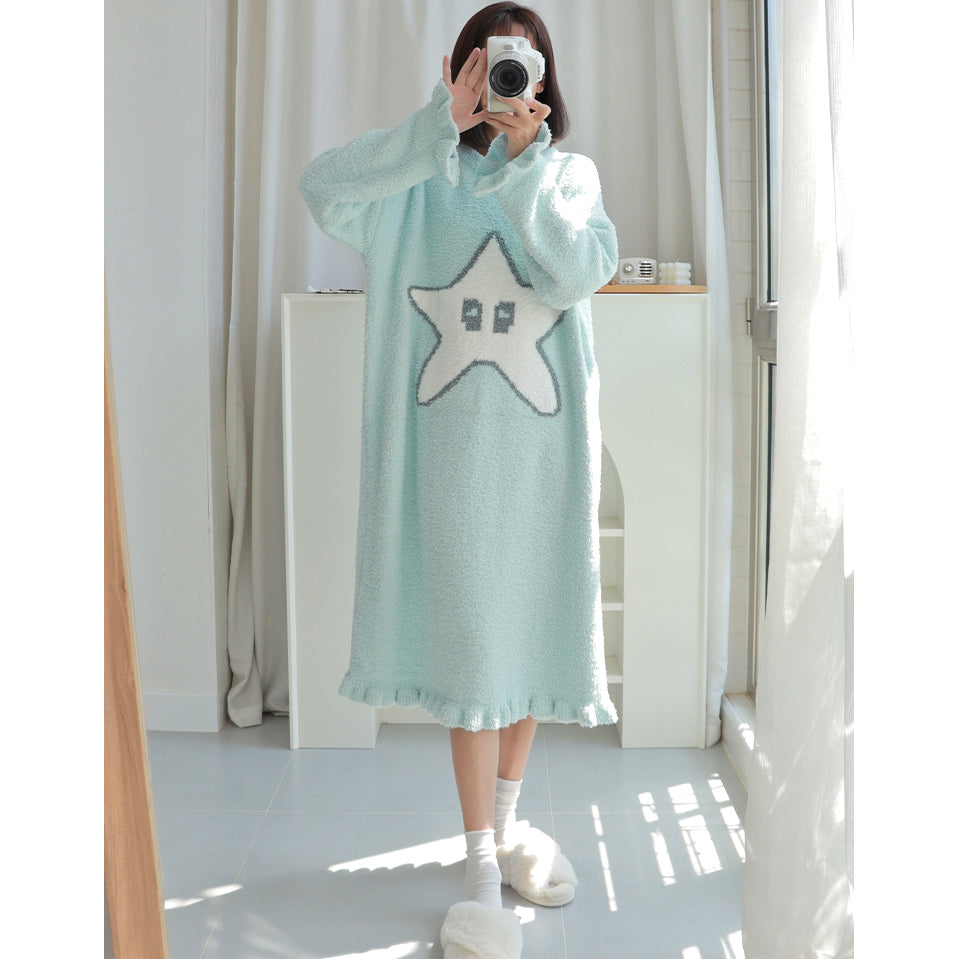 Cute Star Pattern Round Neck Winter Nightgown Pajamas Dress