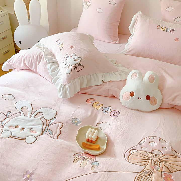 Cute Cartoon Rabbit Mushroom Embroidery Milk Velvet Autumn/Winter Duvet Cover Set