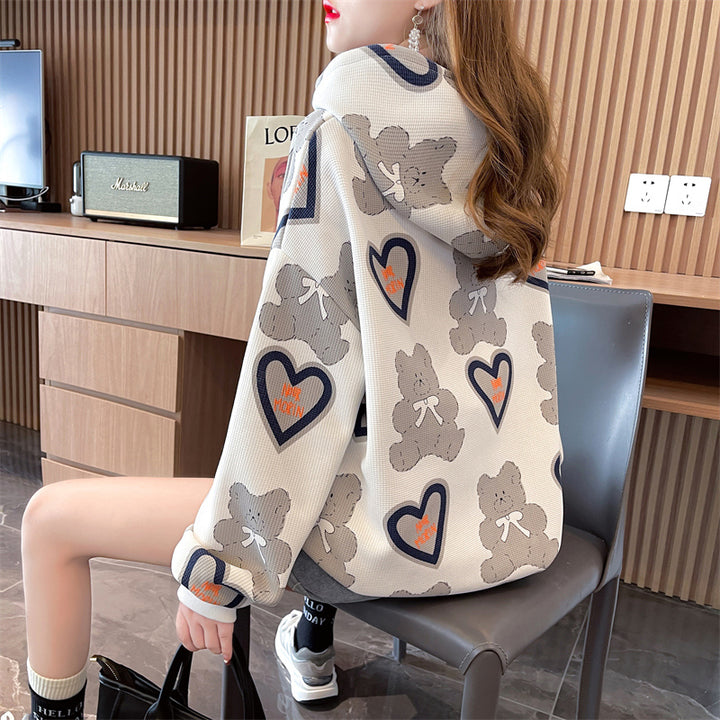 Korean Style Loose Hooded Sweatshirt with Heart Print Bear