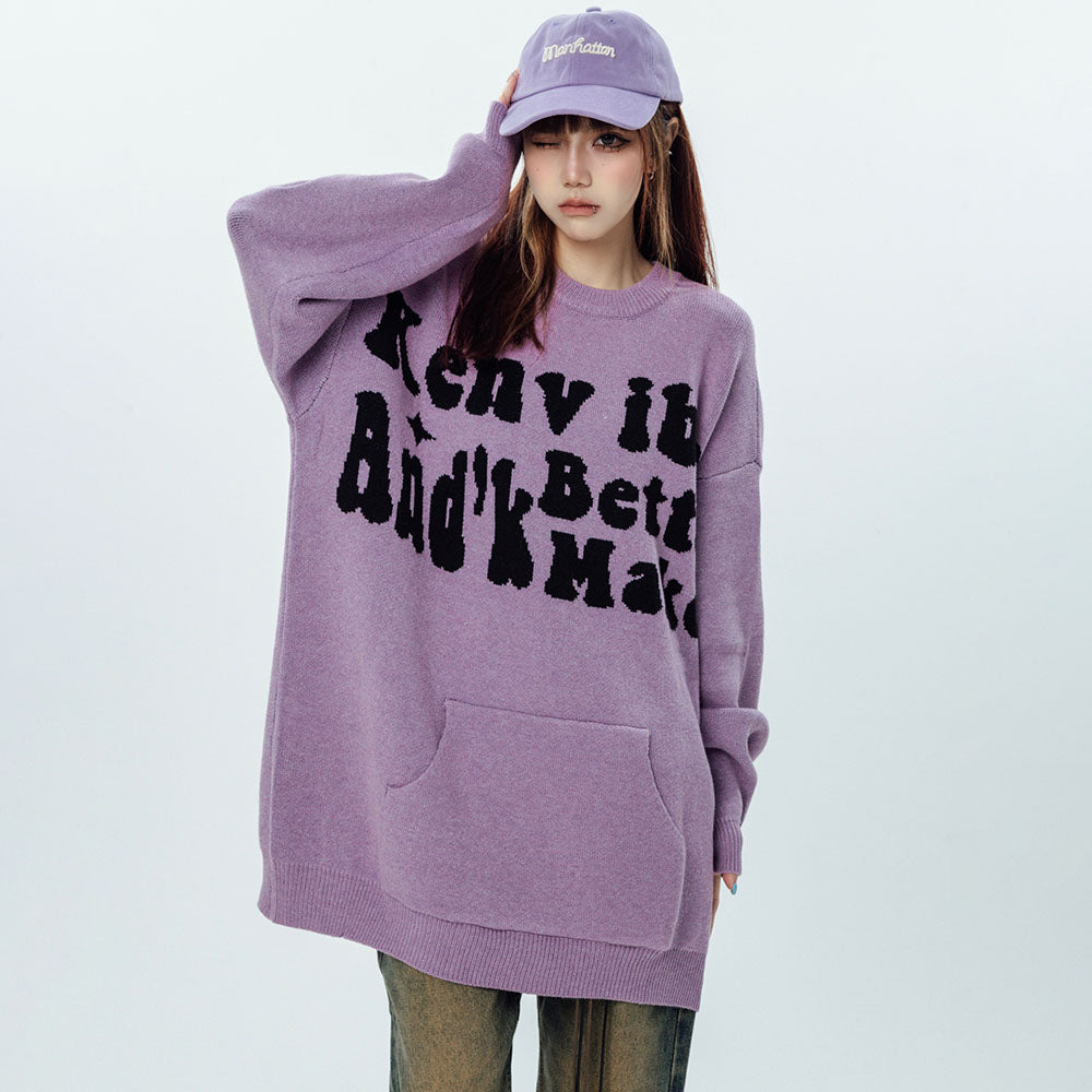 Letters Print Round Collar Loose knitwear Sweater