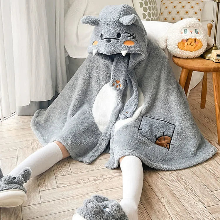 Cartoon Wolf Sheep Plush Wearable Hooded Blanket