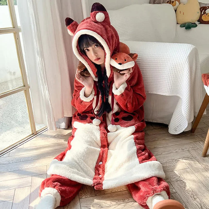 Cute Cartoon Fox Plush Hooded Pajamas Set