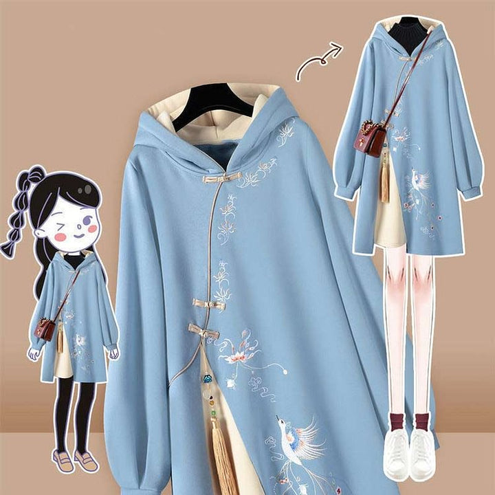 Embroidery Loose Fringed Hoodie Vintage Sweatshirt Dress
