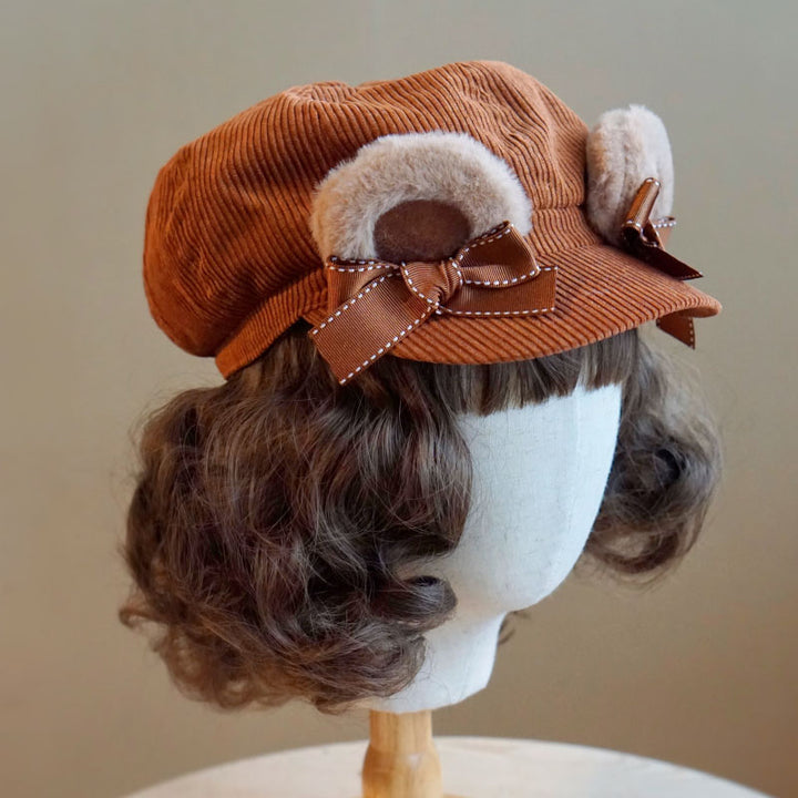Velvet Bear Ear Corduroy Newsboy Cap with Bow