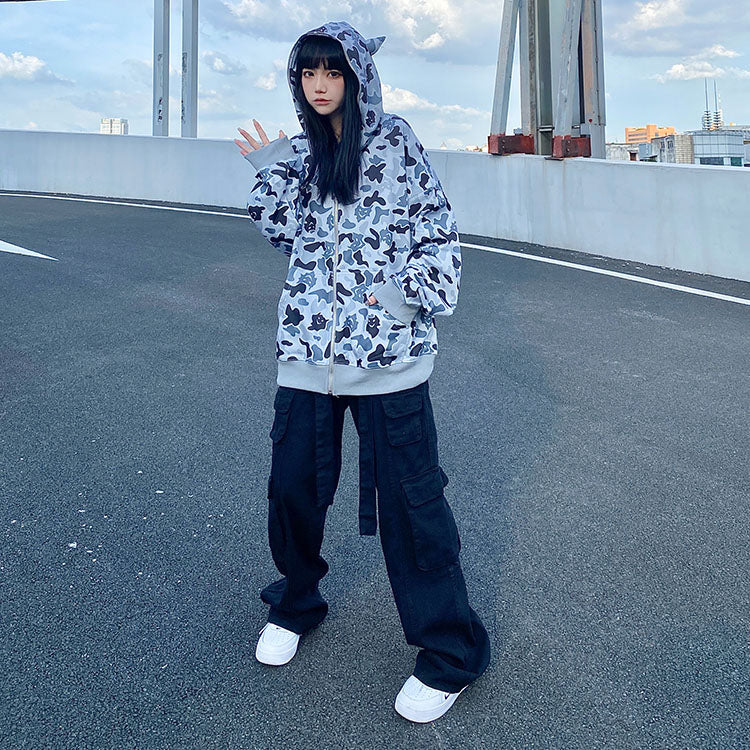 Camouflage Print Pocket Zipper Loose Hooded Sweatshirt