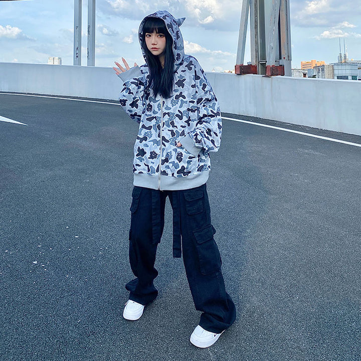 Camouflage Print Pocket Zipper Loose Hooded Sweatshirt