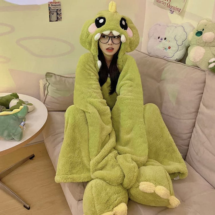 Funny Cartoon Dinosaur Plush Hooded Jumpsuit Pajamas Dress