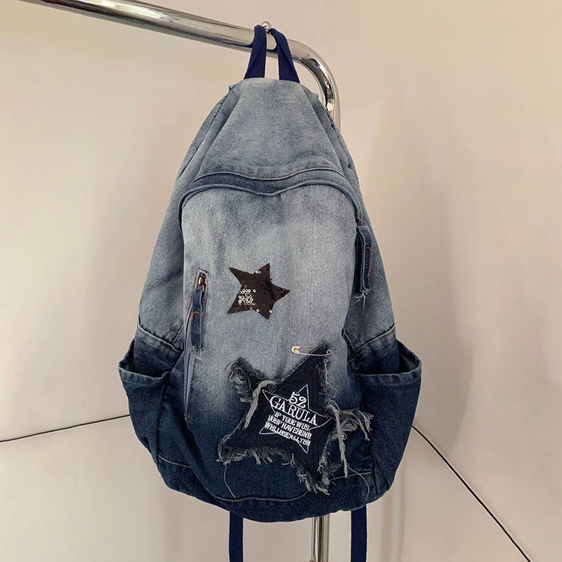 Stars Embroidery Denim Backpack