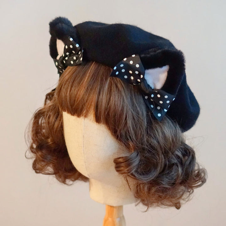 Black Polka Dot Woolen Cat Ears Beret