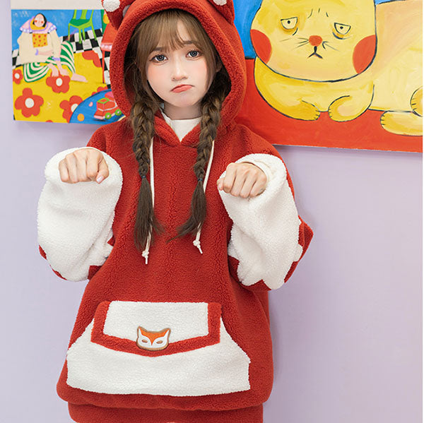 Cartoon Fox Pocket Plush Hoodie