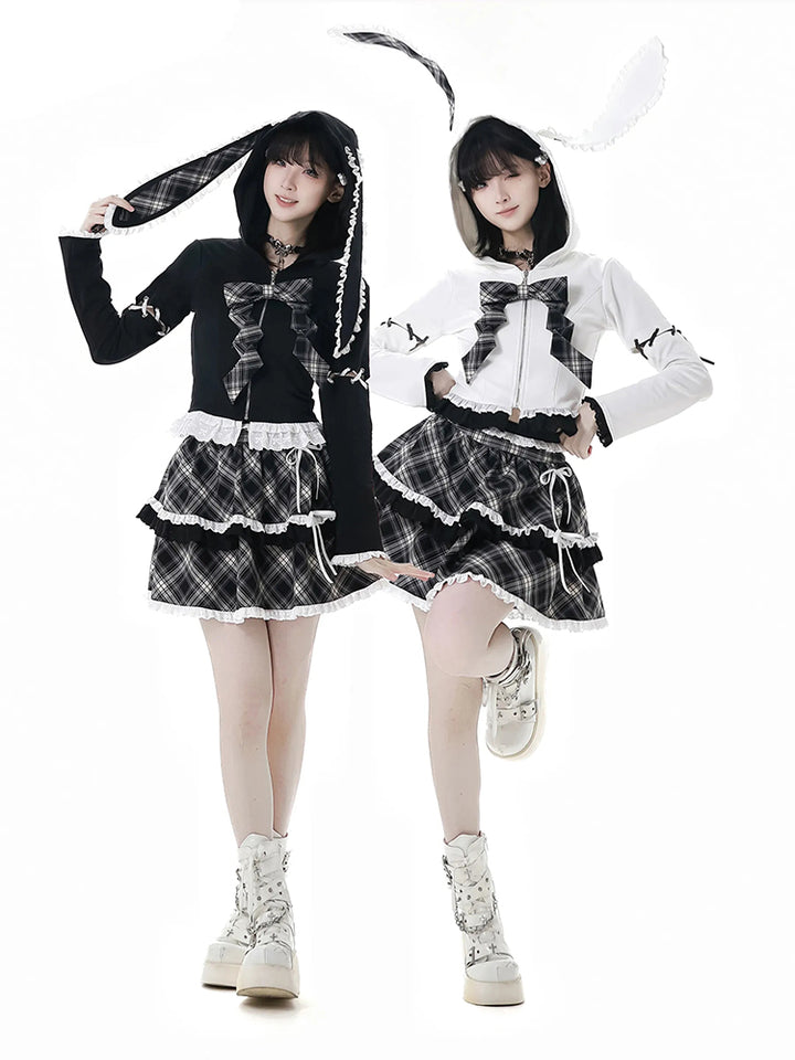 Kawaii Bunny Ear Hoodie / Plaid Ruffle Skirt