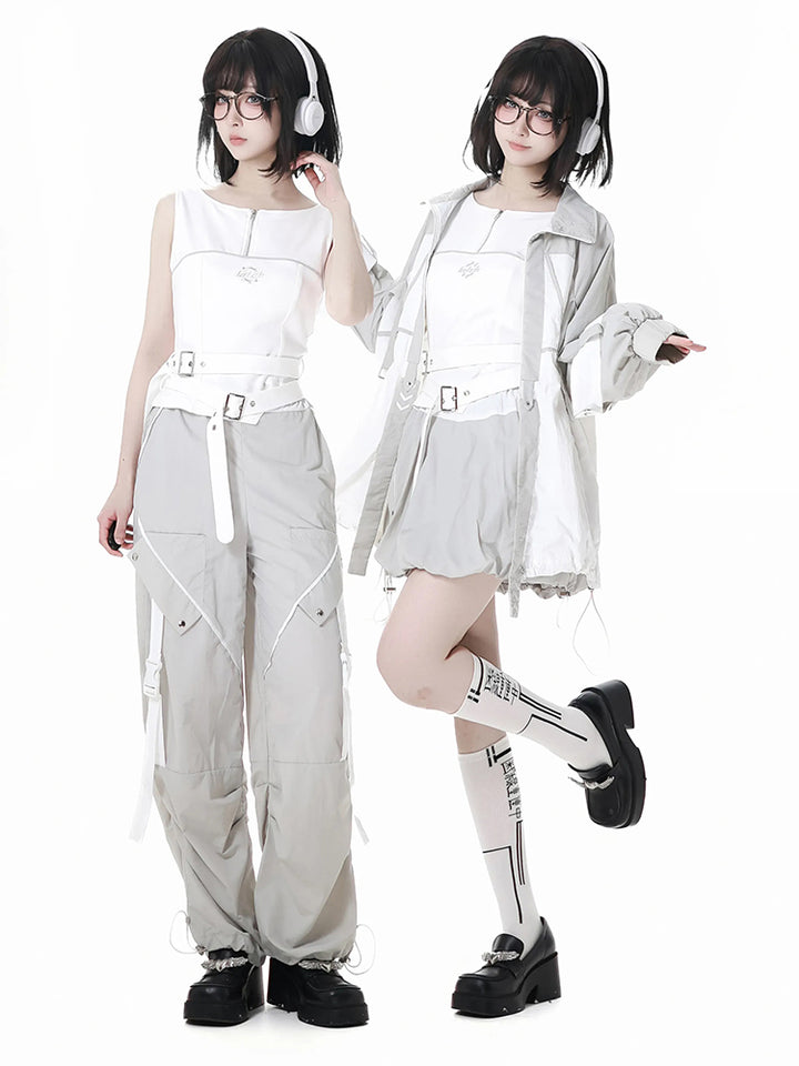 Futuristic White and Grey Outfit Set with Optional Vest Pants Shorts Jacket
