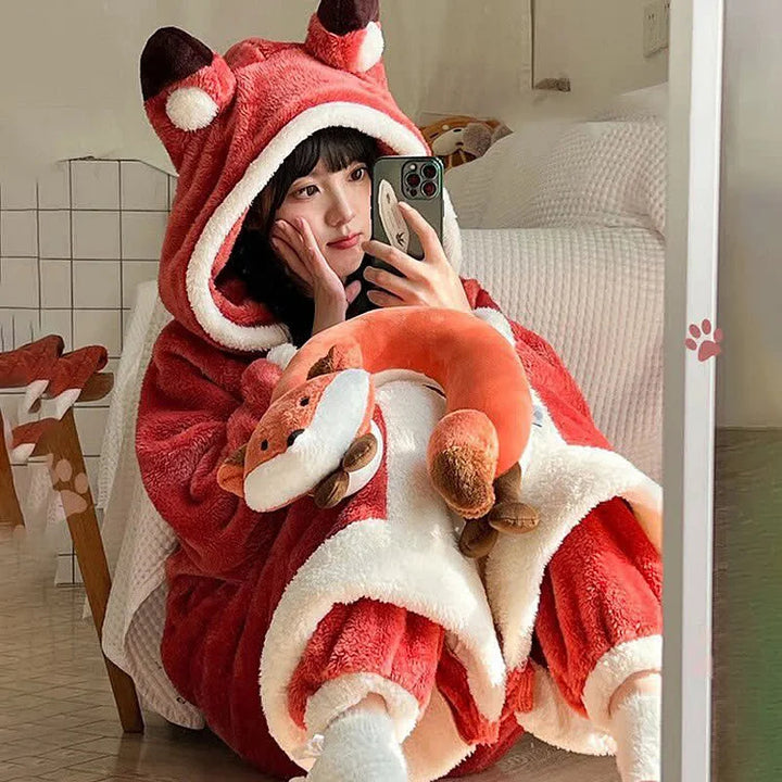 Cute Cartoon Fox Plush Hooded Pajamas Set