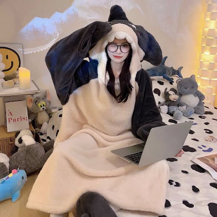 Funny Cartoon Shark Plush Hooded Jumpsuit Pajamas Dress