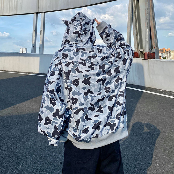 Camouflage Print Pocket Zipper Loose Hooded Sweatshirt