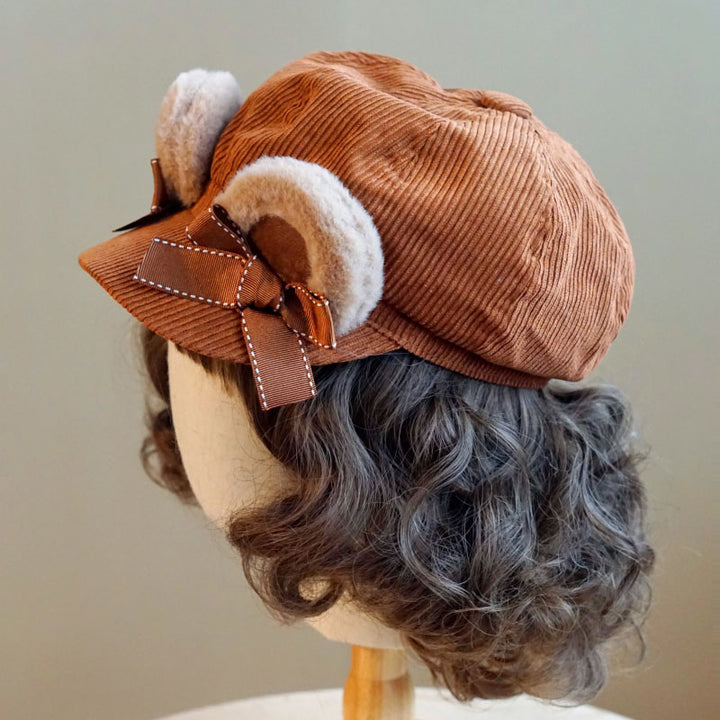 Velvet Bear Ear Corduroy Newsboy Cap with Bow