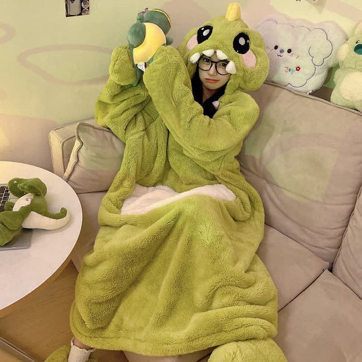 Funny Cartoon Dinosaur Plush Hooded Jumpsuit Pajamas Dress