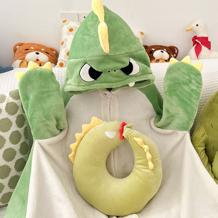 Cartoon Dinosaur Plush Hooded Blanket