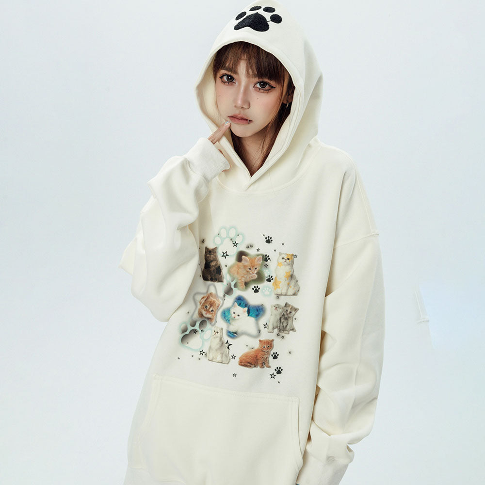 Kittys Print Pocket Loose Hoodie