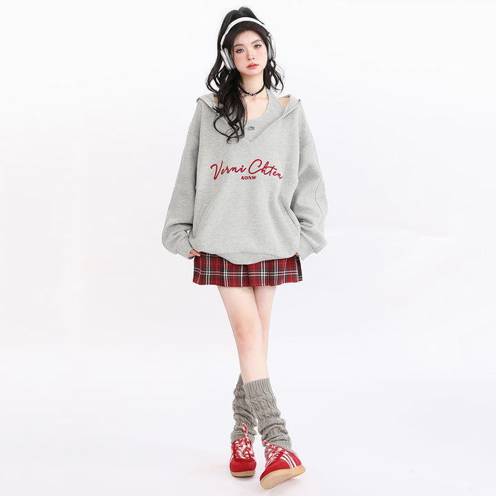 Letters Embroidery Pocket Loose Hooded Sweatshirt