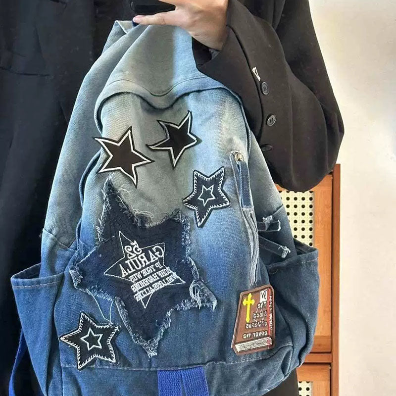 Stars Embroidery Denim Backpack