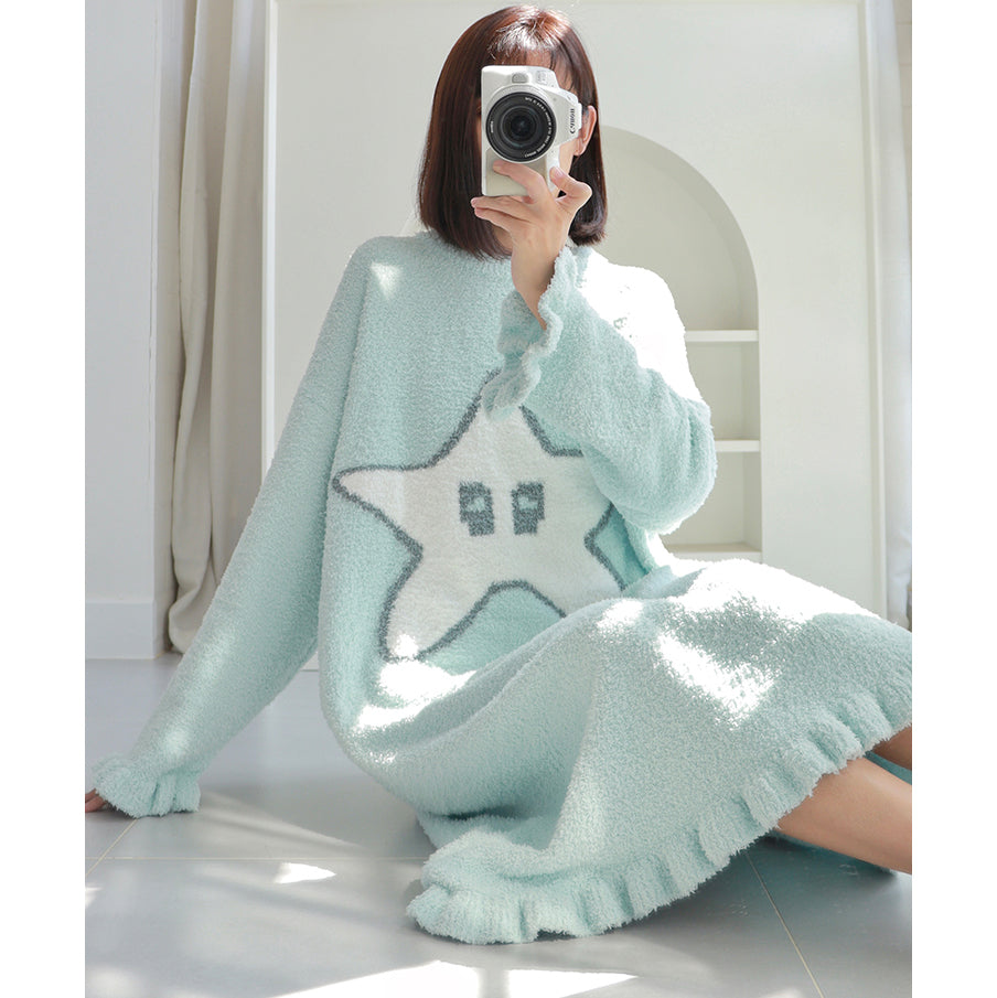 Cute Star Pattern Round Neck Winter Nightgown Pajamas Dress