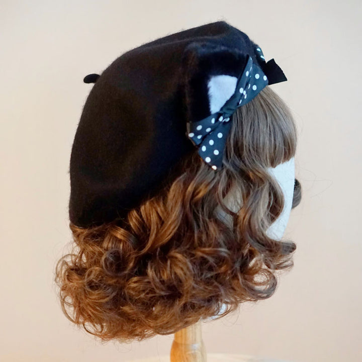Black Polka Dot Woolen Cat Ears Beret