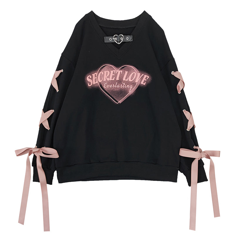 Heart Print Loose Fit Hoodie with V-Neck