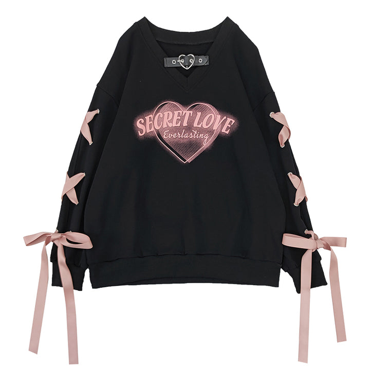 Heart Print Loose Fit Hoodie with V-Neck