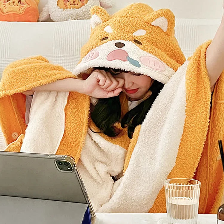 Cartoon Shiba Inu Plush Wearable Hooded Blanket
