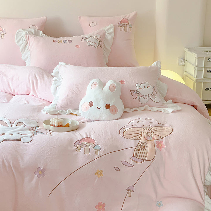 Cute Cartoon Rabbit Mushroom Embroidery Milk Velvet Autumn/Winter Duvet Cover Set