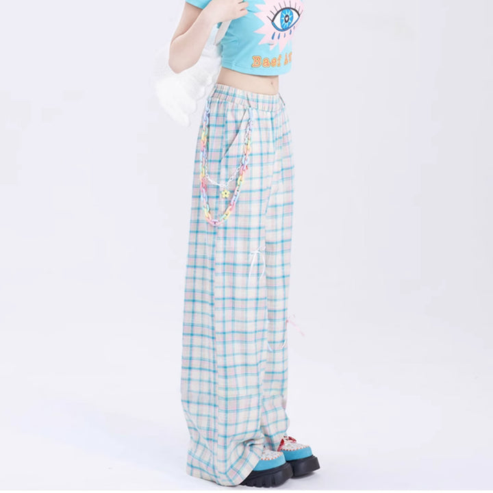 Summertime Chic Butterfly Bow Plaid Straight-Leg Pants
