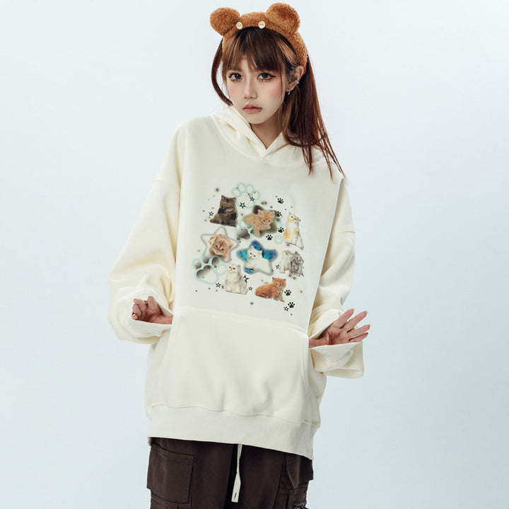 Kittys Print Pocket Loose Hoodie