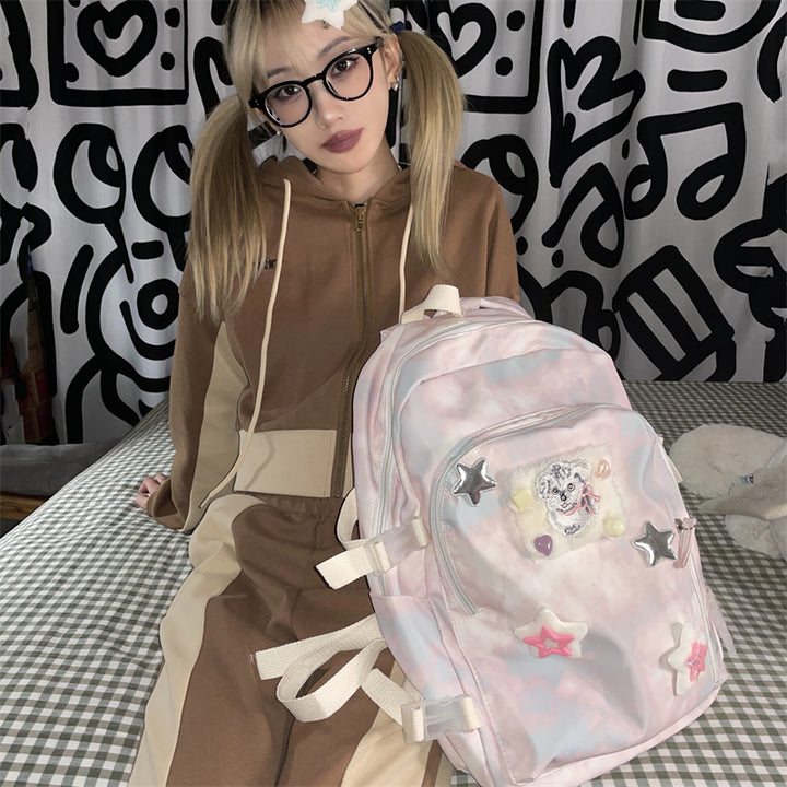 Stars Embroidery Pink Tie-dye Backpack