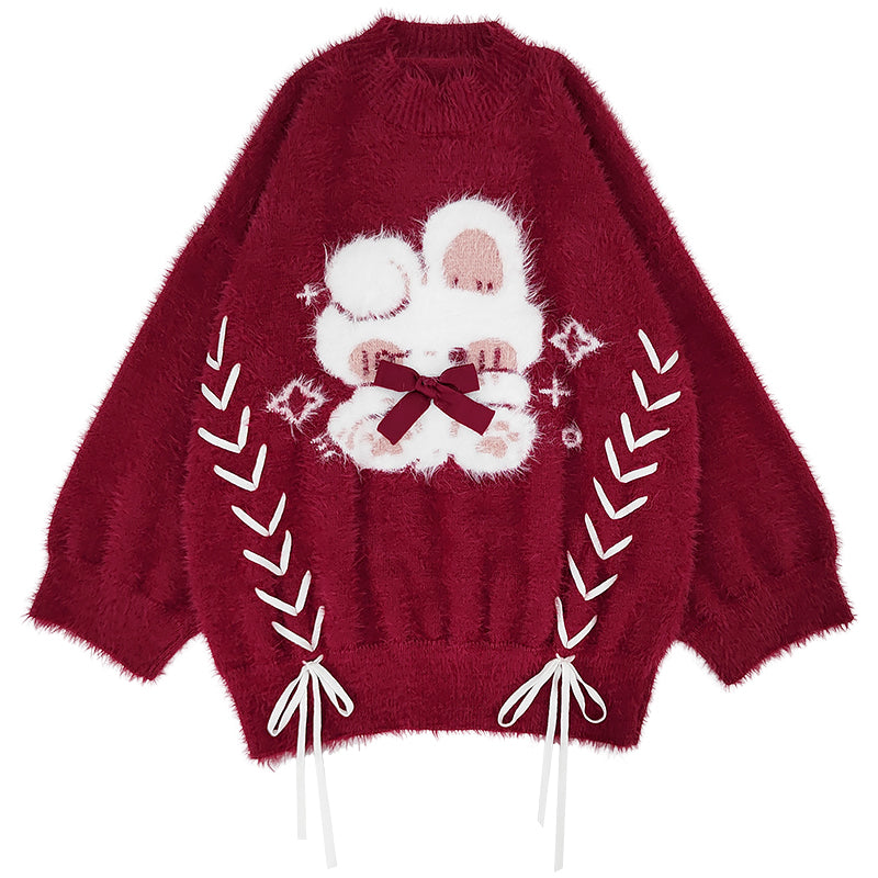 Lucky Rabbit Print Bell Sleeve Red Sweater