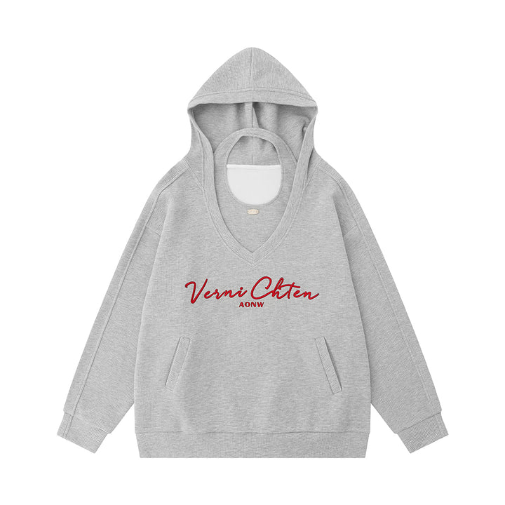 Letters Embroidery Pocket Loose Hooded Sweatshirt