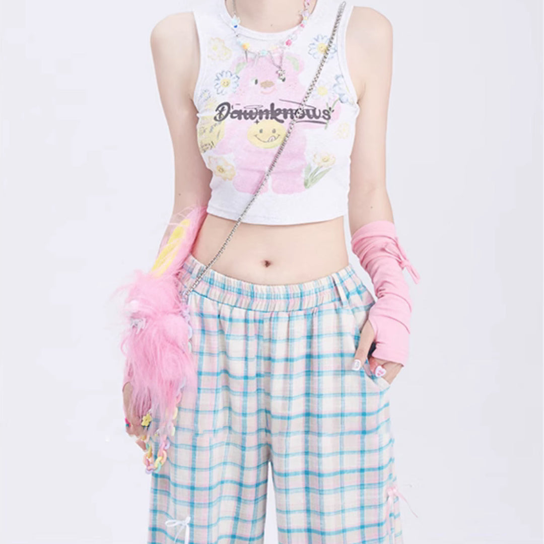 Summertime Chic Butterfly Bow Plaid Straight-Leg Pants