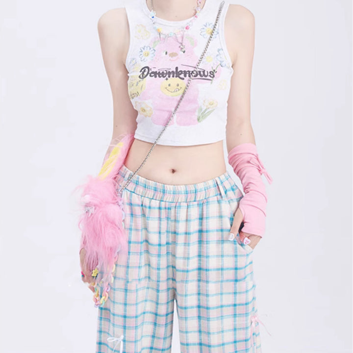 Summertime Chic Butterfly Bow Plaid Straight-Leg Pants