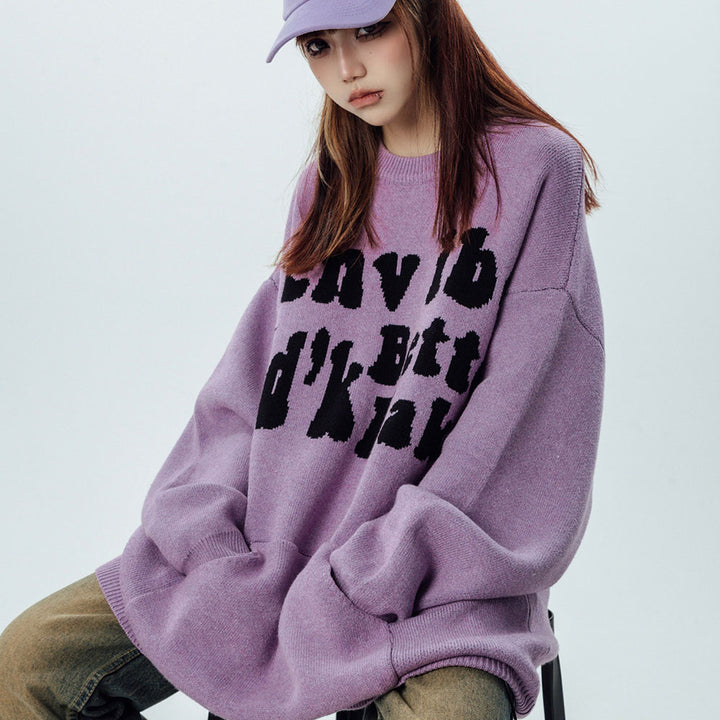 Letters Print Round Collar Loose knitwear Sweater