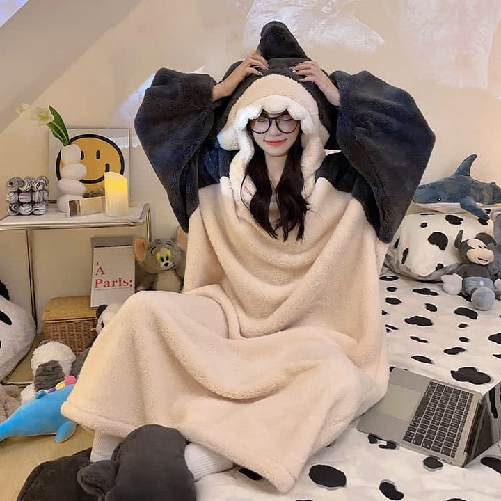 Funny Cartoon Shark Plush Hooded Jumpsuit Pajamas Dress