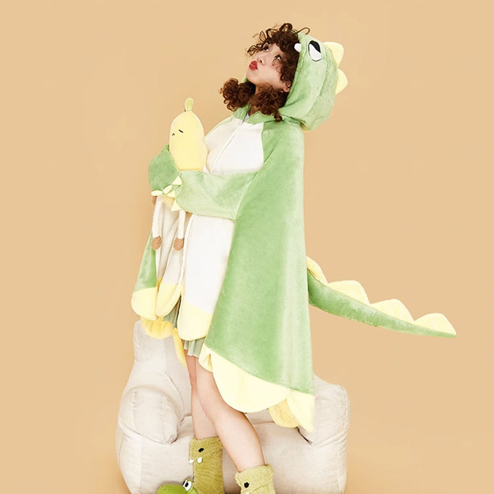 Cartoon Dinosaur Plush Hooded Blanket