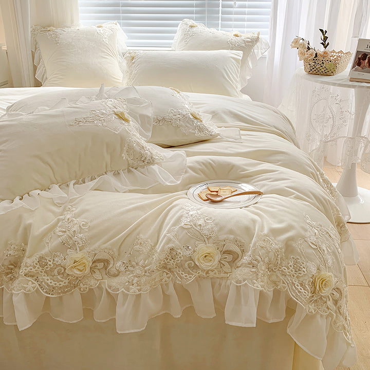 French-style Princess Floral Embroidery Milk Velvet Lace Bedding Set with Lace Trim